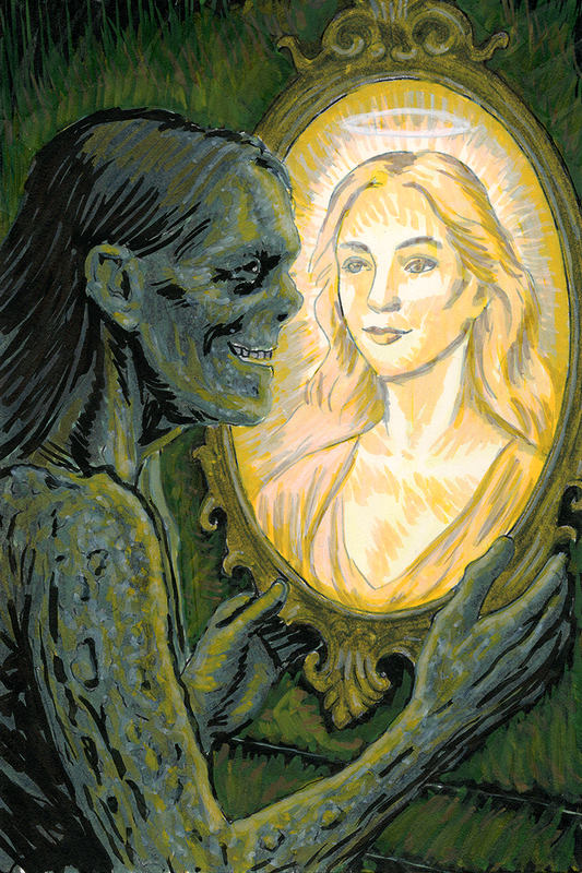 Surreal dark art of a narcissist looking into a mirror, seeing a glowing idealized reflection, 4x6 matte art print.